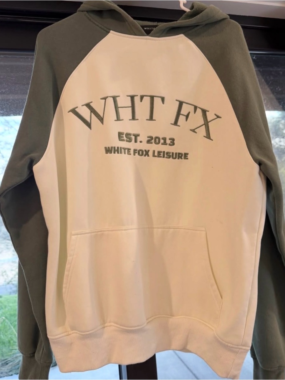 White Fox Boutique Two-Tone Crewneck Hoodie in Cream & Olive